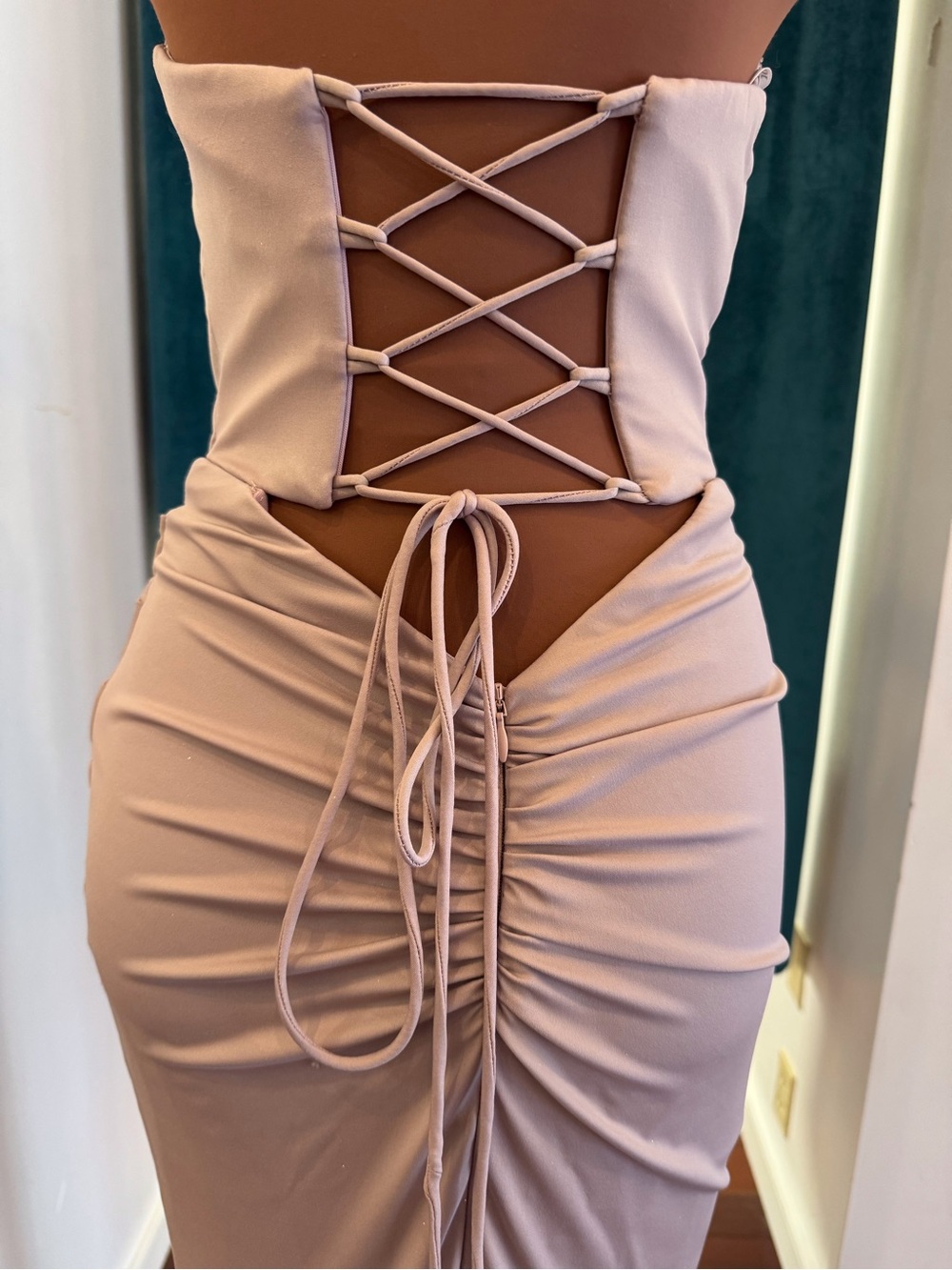 Strapless Embellished Corset Evening Gown in Taupe - Picture 4 of 5